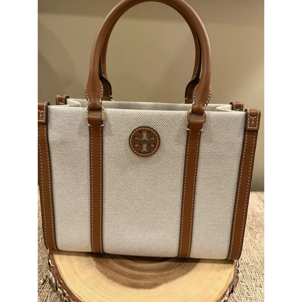 Tory Burch Blake Canvas Classic  Cuoio Small Tote Natural & Tan Style 145356 New